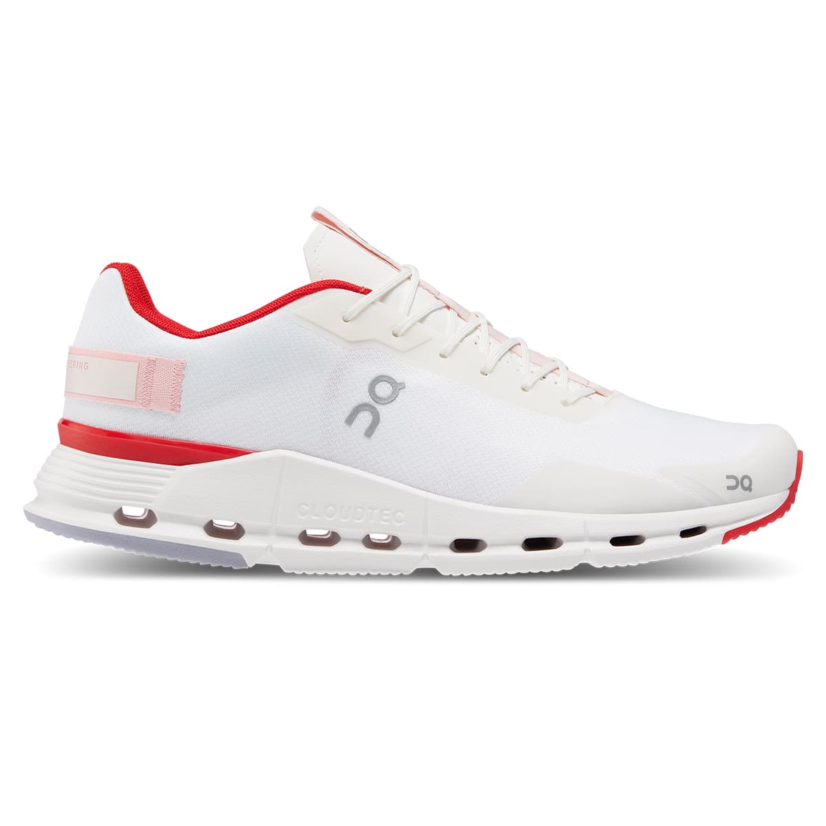 Right side view of the On Cloudnova Form White-Red men’s running shoe #color_white-red