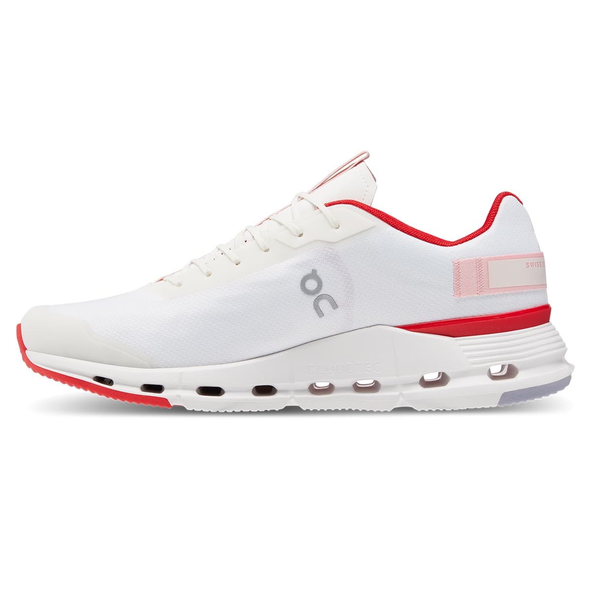 Left side view of the On Cloudnova Form White-Red men’s running shoe #color_white-red