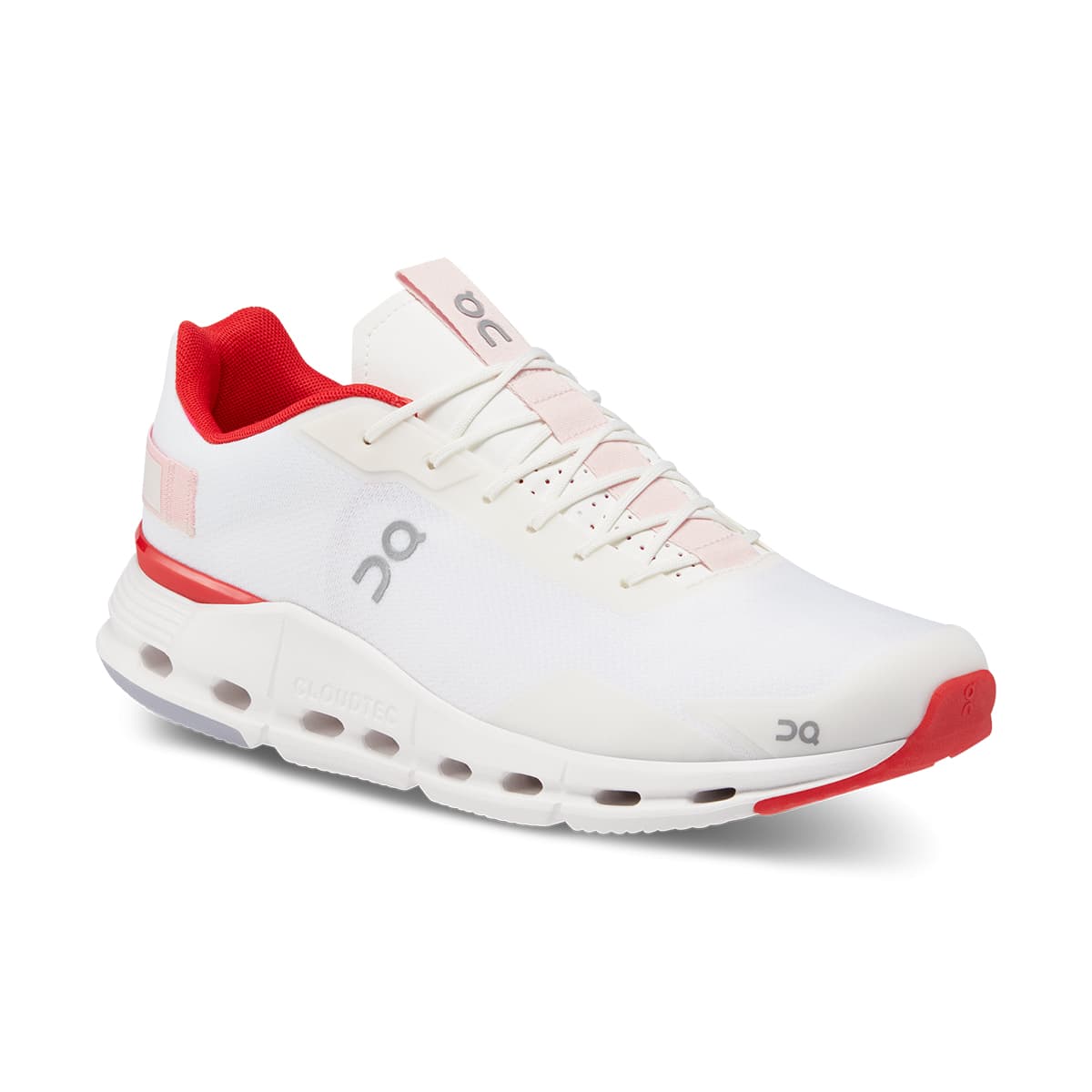 45-degree view of the On Cloudnova Form White-Red men’s running shoe 