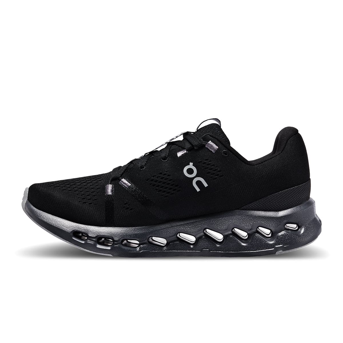 Left side view of the On Cloudsurfer 7 All-Black men’s running shoe 