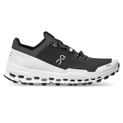 Right side view of the On Cloudultra Black White running shoe 