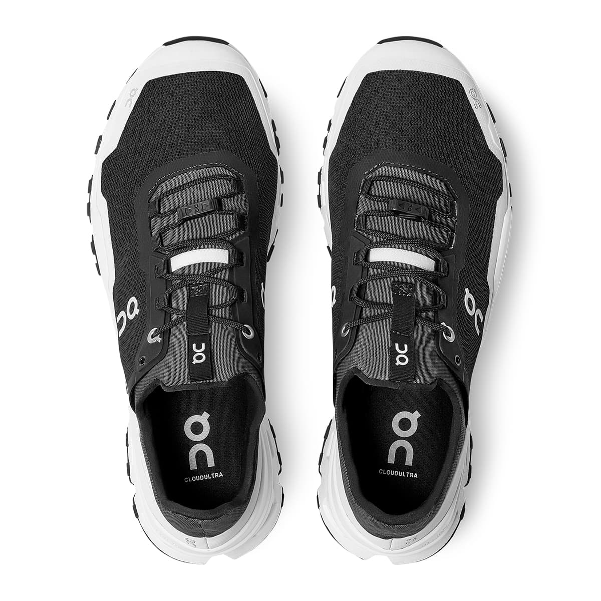 Top view of the On Cloudultra Black White running shoes 