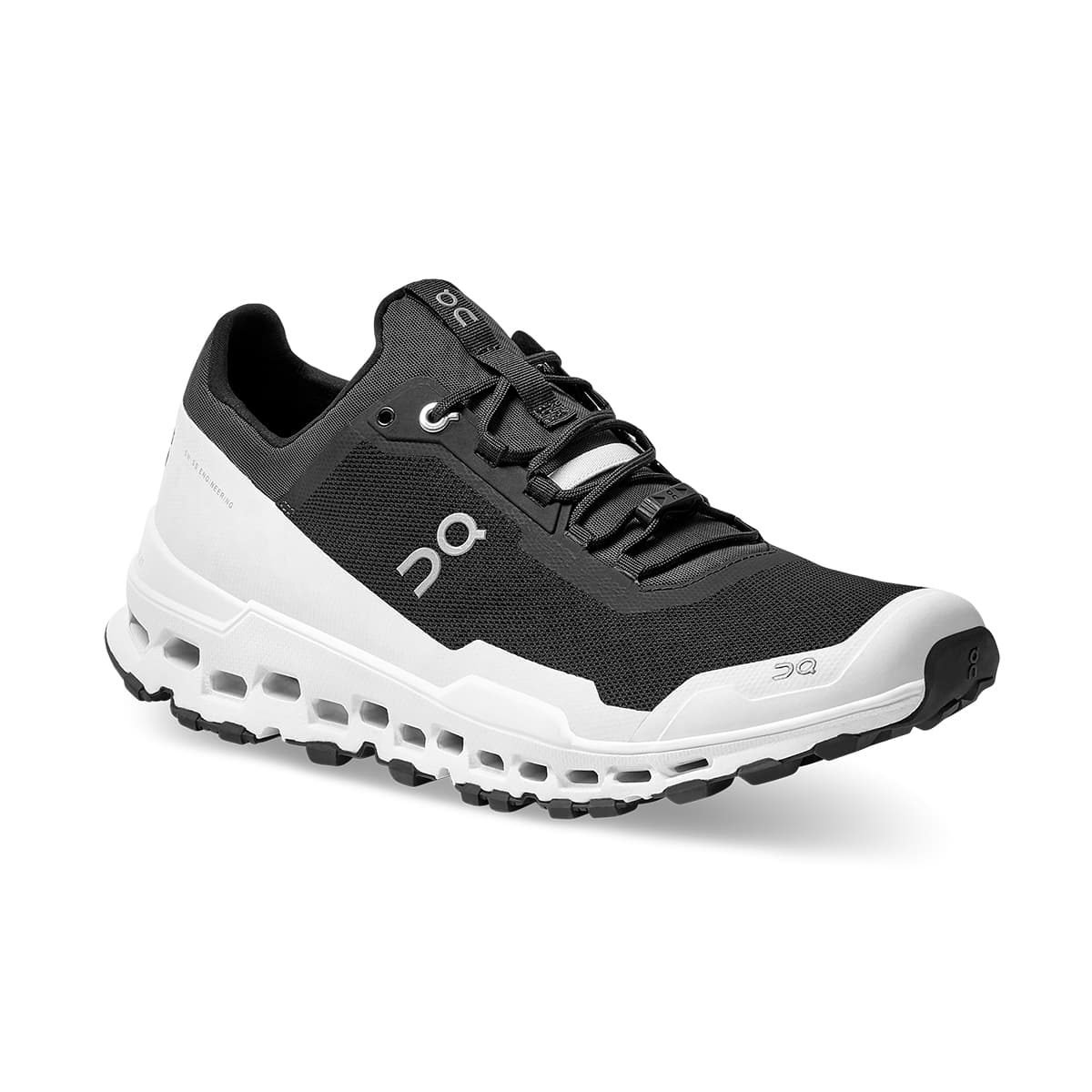 45-degree view of the On Cloudultra Black White running shoe 
