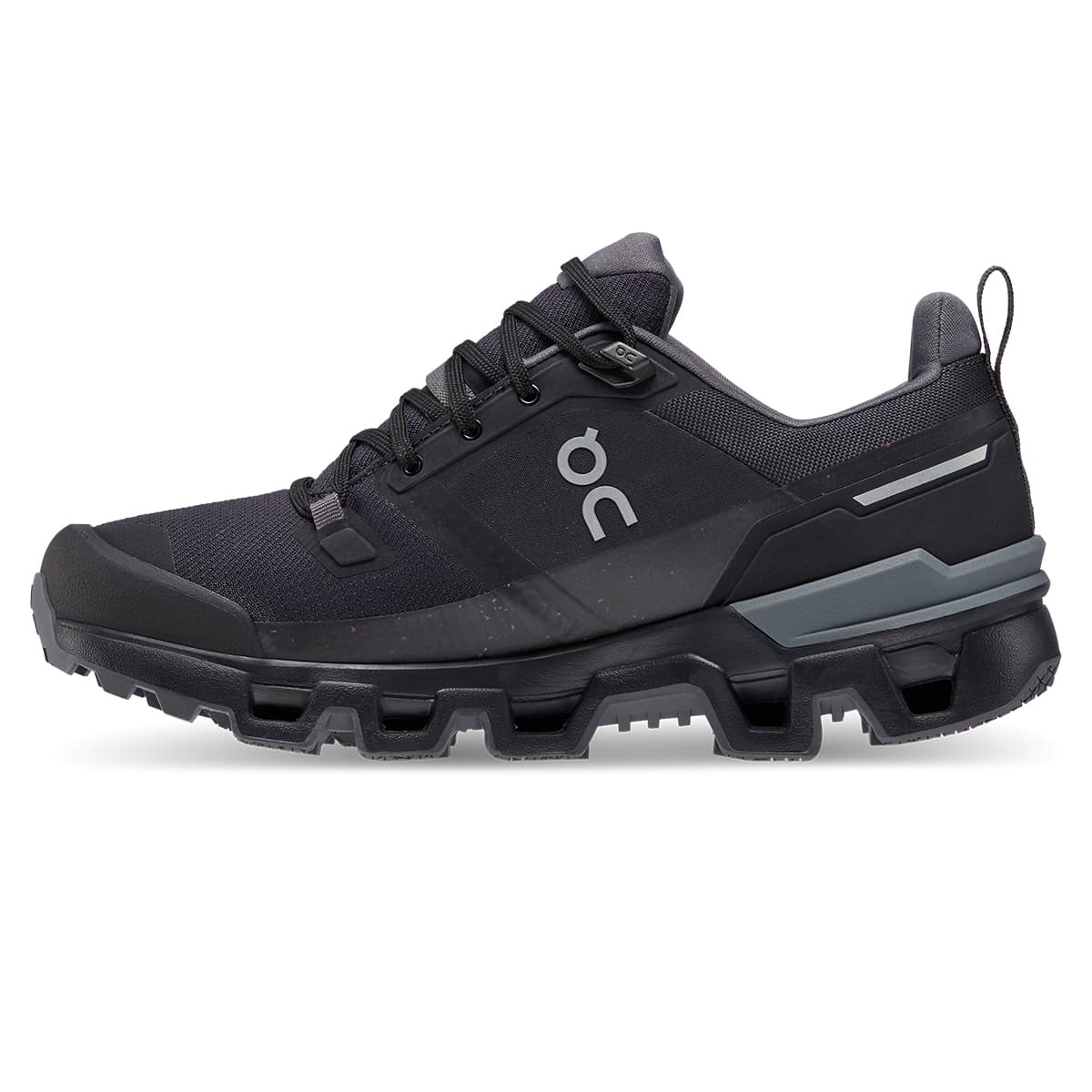 Left side view of the On Cloudwander Waterproof Black-Eclipse women’s running shoe 