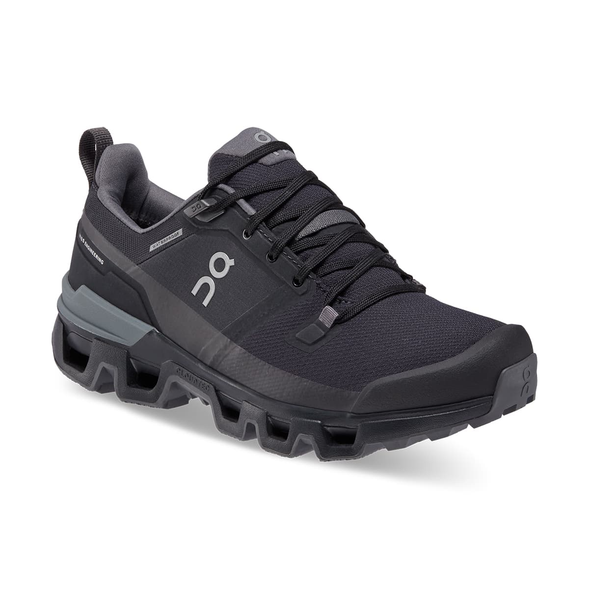 45-degree view of the On Cloudwander Waterproof Black-Eclipse women’s running shoe 