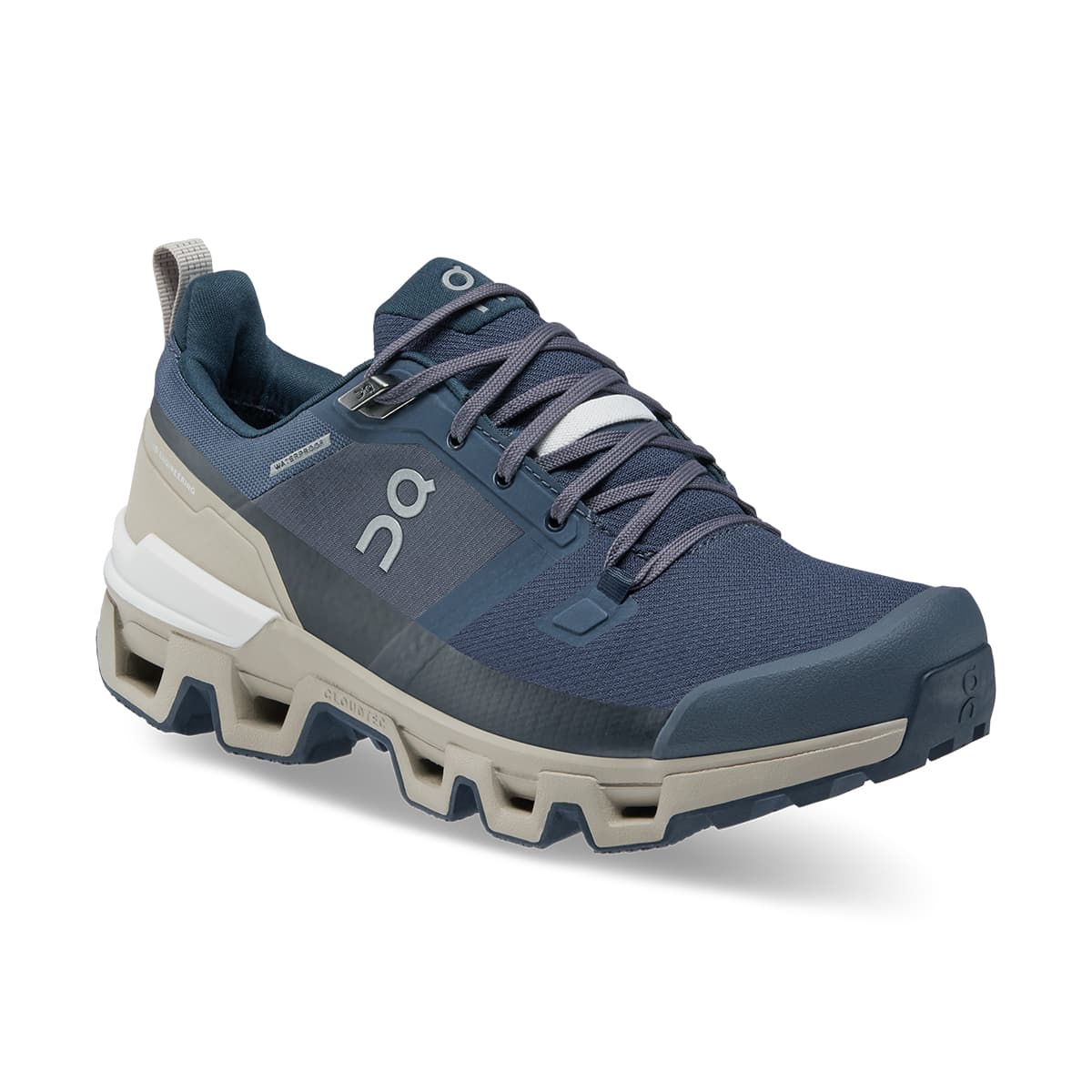45-degree view of the On Cloudwander Waterproof Navy-Desert women’s running shoe 