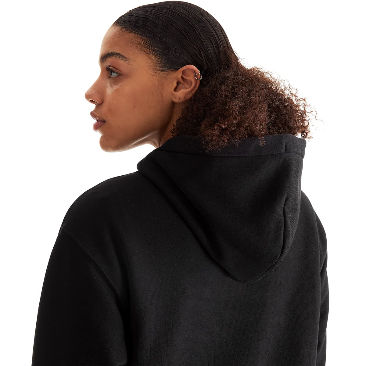 Women wearing the On Club Hoodie Colour Black - Close Up Back Hood #color_black