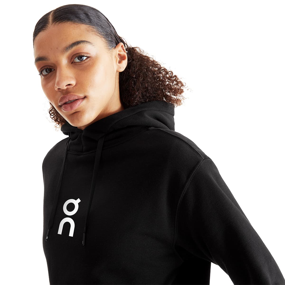 Women wearing the On Club Hoodie Colour Black - Close up Front 