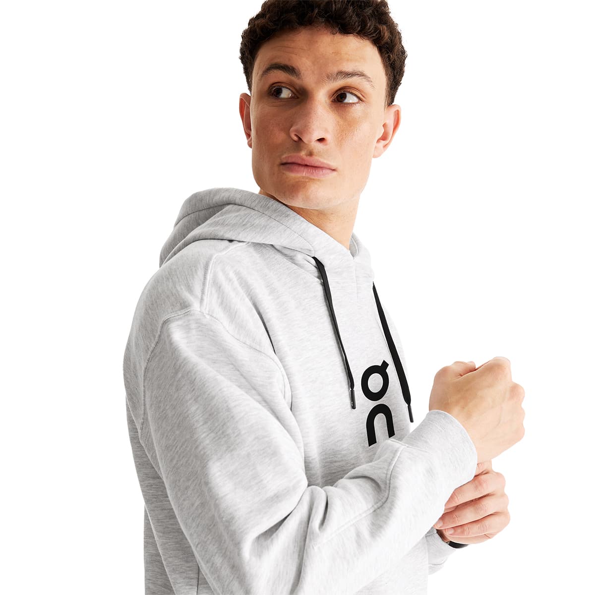 Man wearing the On Club Hoodie Colour Crater - Close Up side front view 