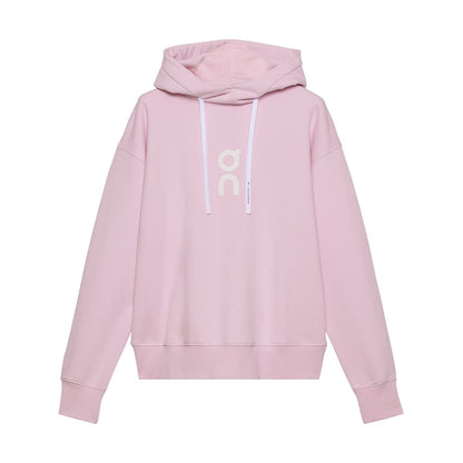 Flat lay of the On Club Hoodie in Orchid showing front logo and white drawstrings 