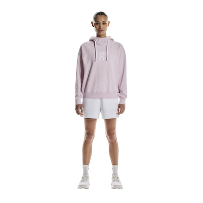 Full front view of female model wearing the On Club Hoodie in Orchid 