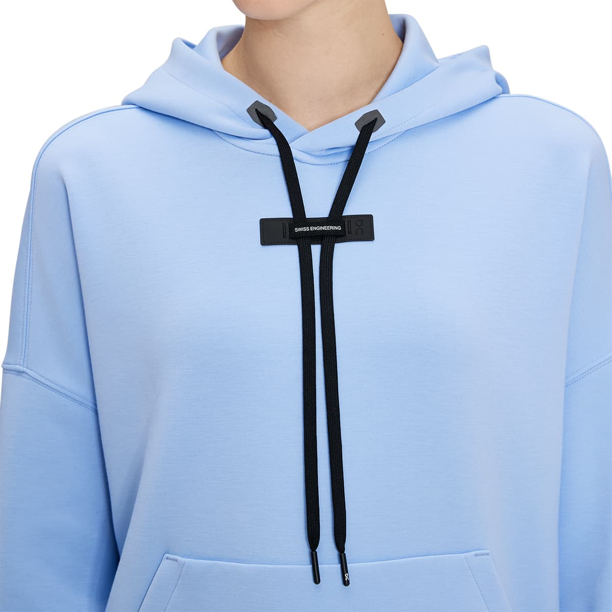 Women wearing the On Hoodie Stratosphere Navy Colour Navy - Detail Collar Draw Strings 