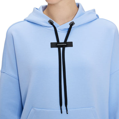 Women wearing the On Hoodie Stratosphere Navy Colour Navy - Detail Collar Draw Strings 