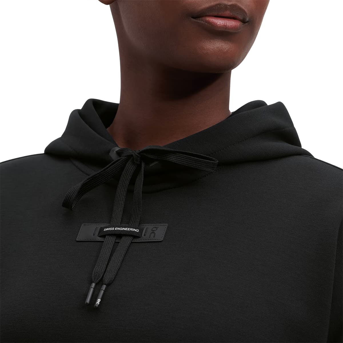 Women wearing the On Hoodie Colour Black - Front Detail Collar 