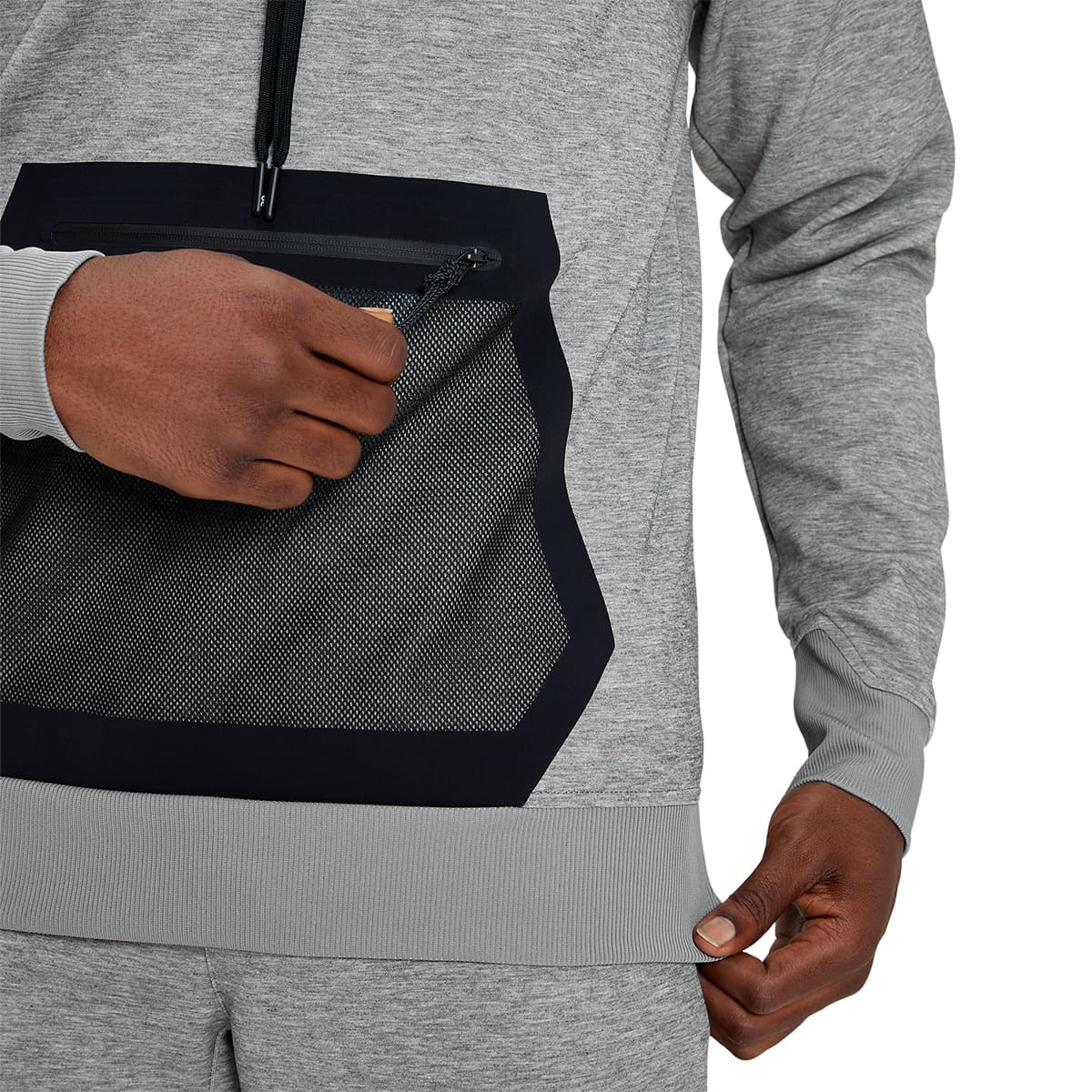 Man wearing the On Hoodie Colour Grey - Detail Front Pocket 