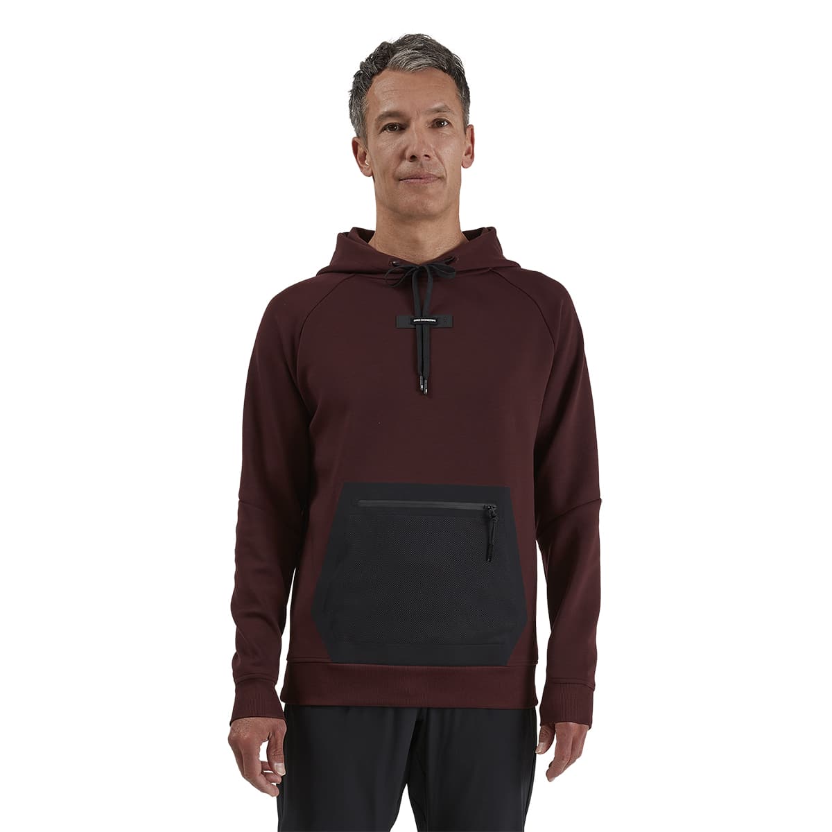 Man wearing the On Hoodie Colour Mulberry 