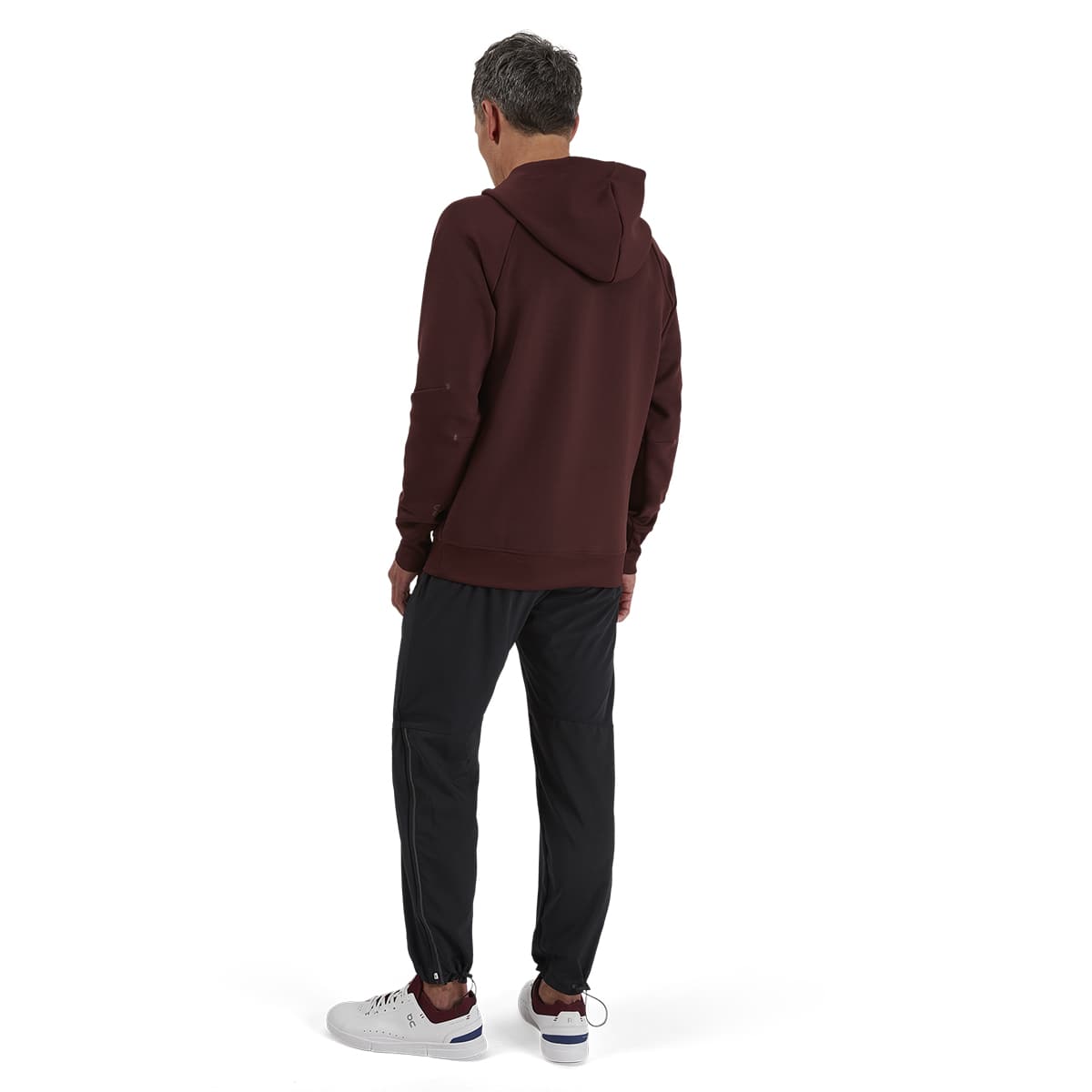 Man wearing the On Hoodie Colour Mulberry - Back View 