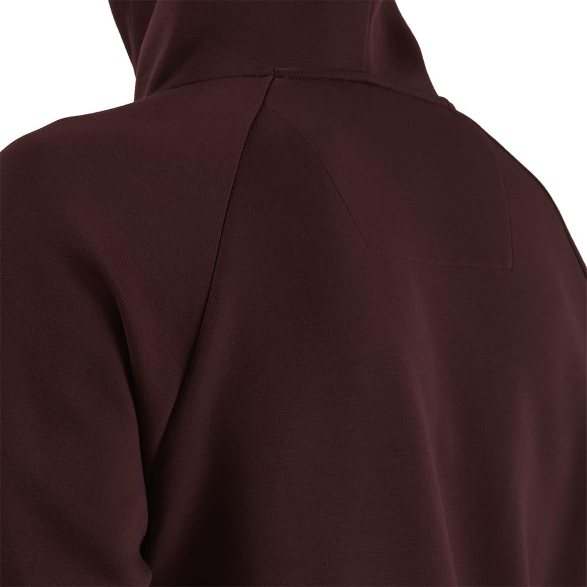 Man wearing the On Hoodie Colour Mulberry - Detail Back Stitching 