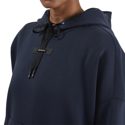 Women wearing the On Hoodie Colour Navy - Detail Collar Draw String 