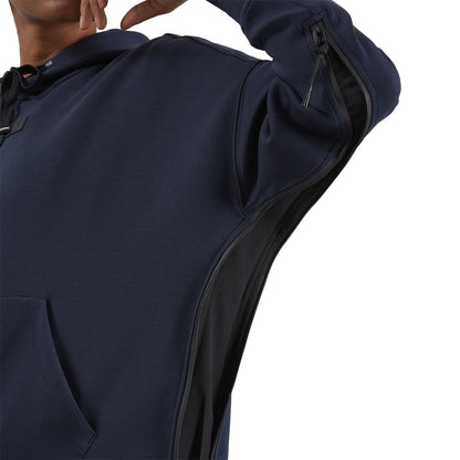 Women wearing the On Hoodie Colour Navy - Detail Arm Zip 
