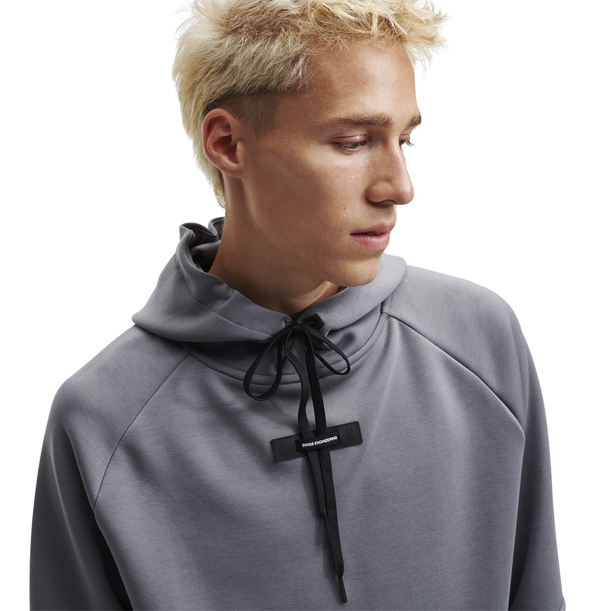 Man wearing the On Hoodie Colour Rock - Front Detail  Collar 