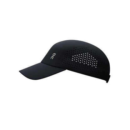 Side view of the On Lightweight Cap in Black showing laser-cut ventilation detail 