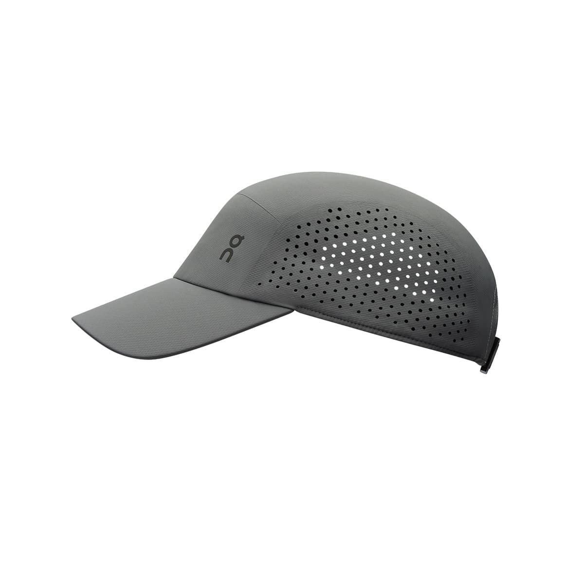 Side view of the On Lightweight Cap in Rock showing laser-cut ventilation detail #color_rock