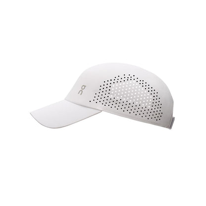 Side view of the On Lightweight Cap in White showing laser-cut ventilation detail 