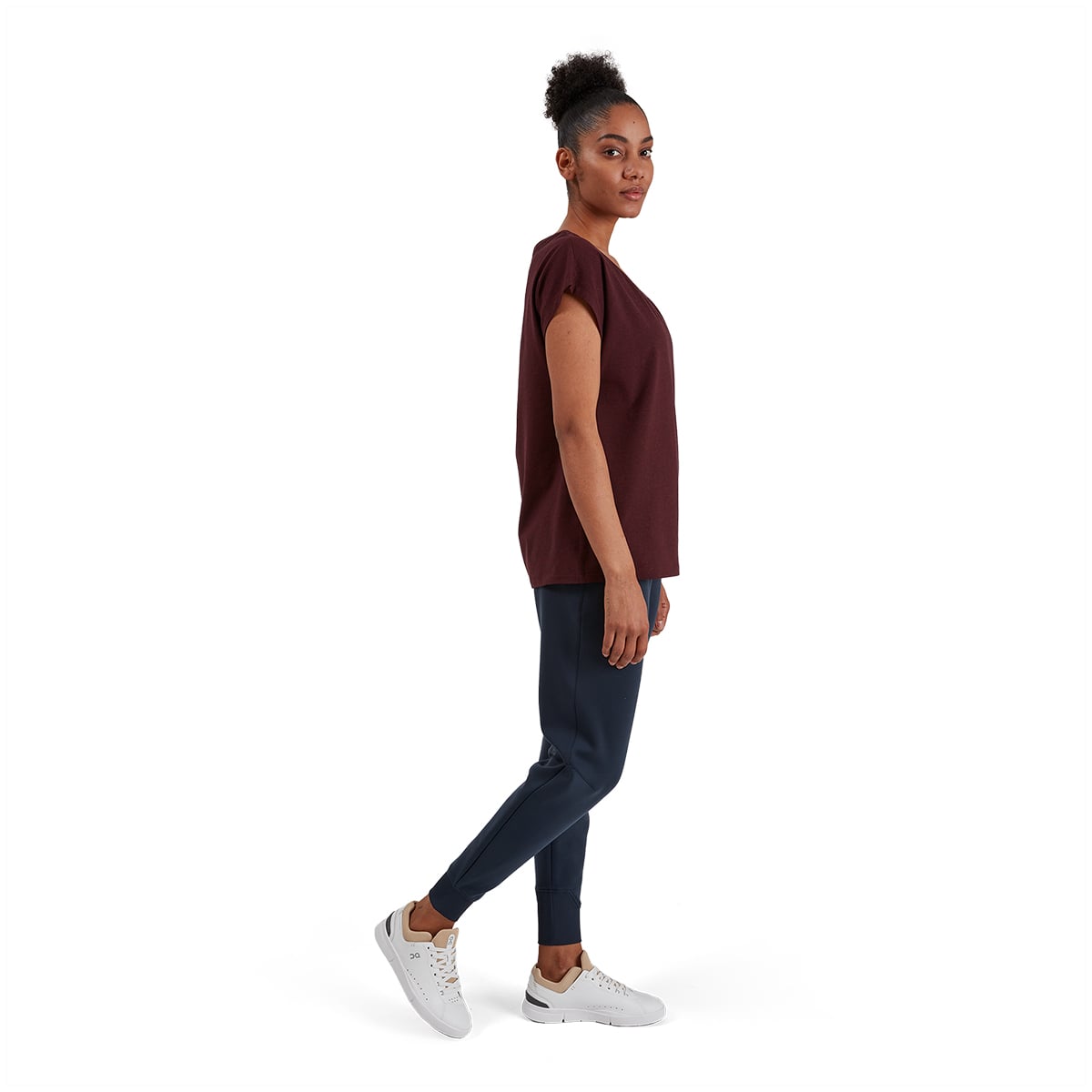 Woman wearing the On On T Colour Mulberry  - Side Angle 