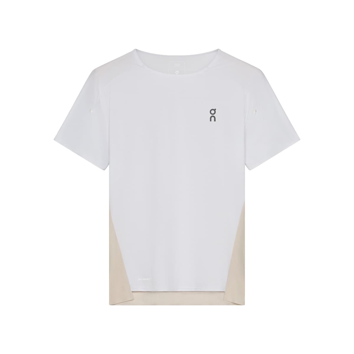 Flat lay of the On Performance T in White Silver showing front logo detail 
