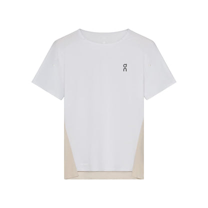 Flat lay of the On Performance T in White Silver showing front logo detail 
