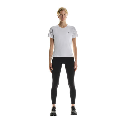Full front view of female model wearing the On Performance T in White Silver 
