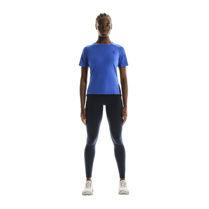 Full front view of female model wearing the On Performance T in Zaffre Navy 