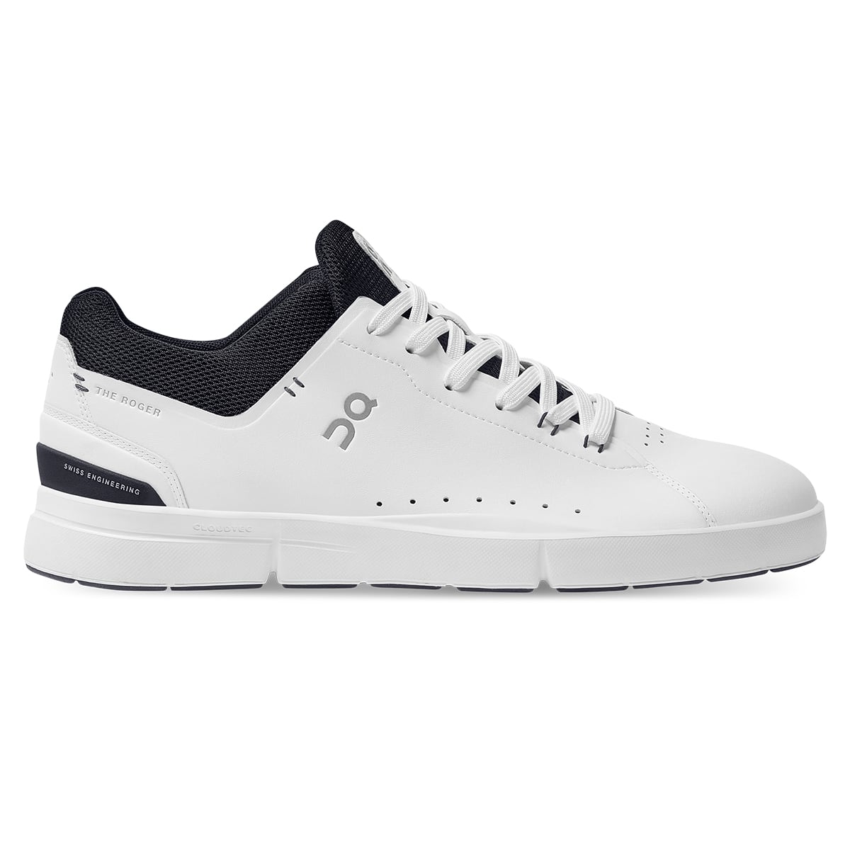 Right side view of the On The Roger Advantage White-Midnight running shoe #color_white-midnight
