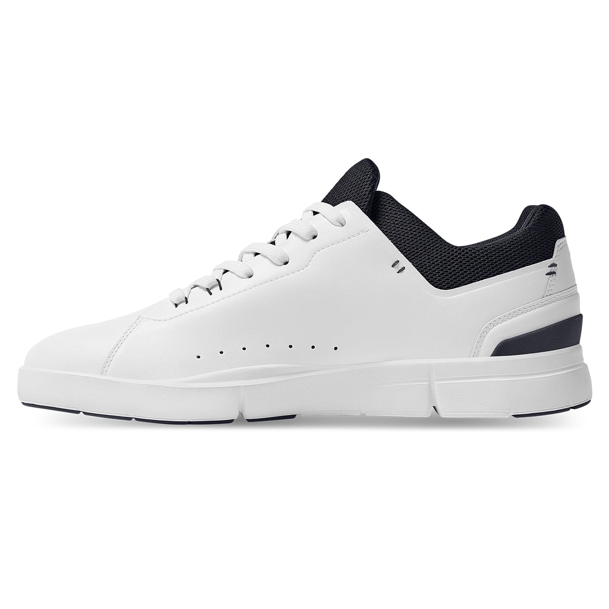 Left side view of the On The Roger Advantage White-Midnight running shoe #color_white-midnight