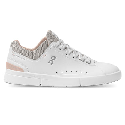 Right side view of the On The Roger Advantage White Rose women’s running shoe 