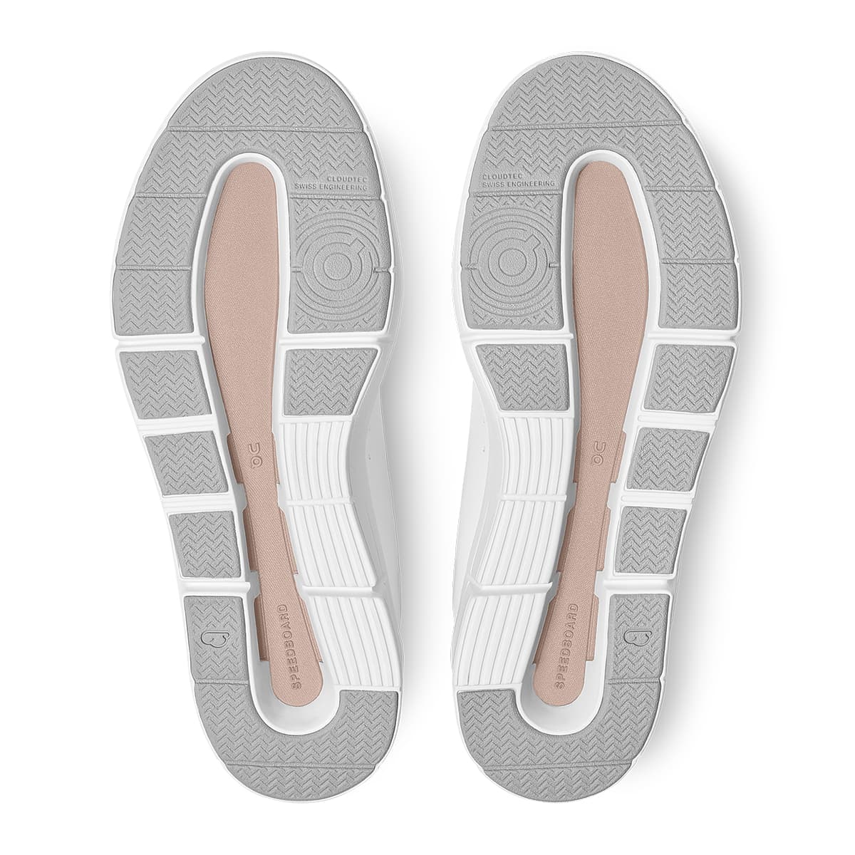 Soles of the On The Roger Advantage White Rose women’s running shoes 