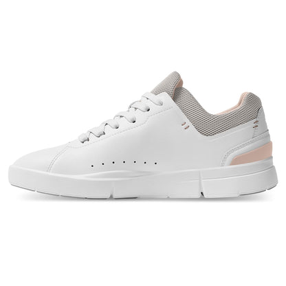 Left side view of the On The Roger Advantage White Rose women’s running shoe 