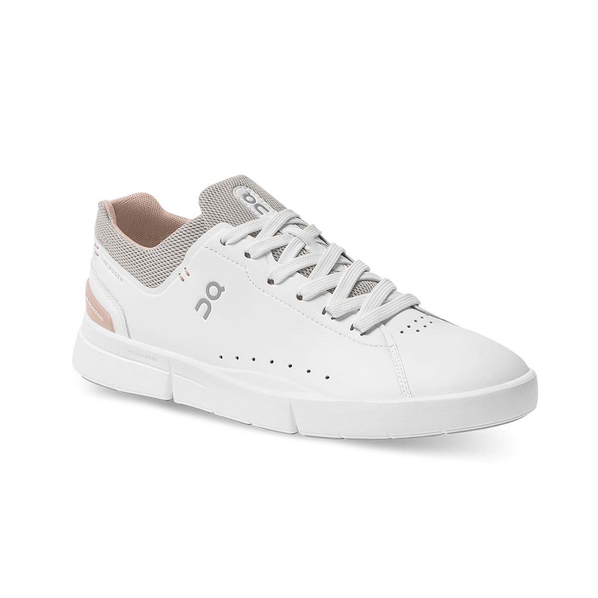 45-degree view of the On The Roger Advantage White Rose women’s running shoe 