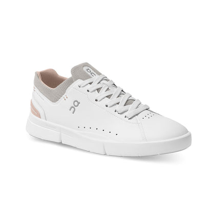 45-degree view of the On The Roger Advantage White Rose women’s running shoe 