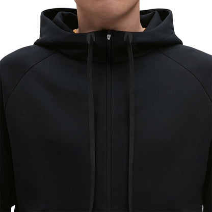 Man wearing the On Zipped Hoodie Colour black - Front Detail Draw Strings 